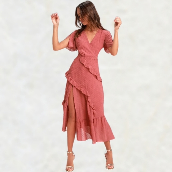 Lulus Next to You Swiss Dot Ruffled Midi Dress Front Slit Rusty Rose - XS - Picture 1 of 14